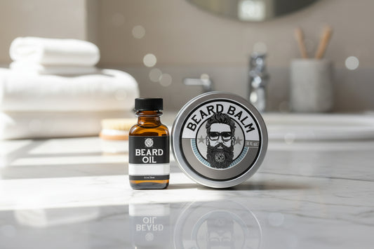 Beard oil bottle and balm tin on a textured surface with blurred background