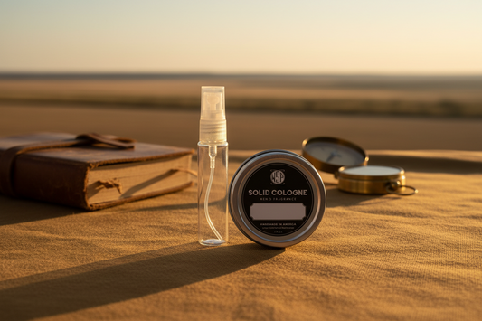 Solid cologne container and jar on sand with sunset background