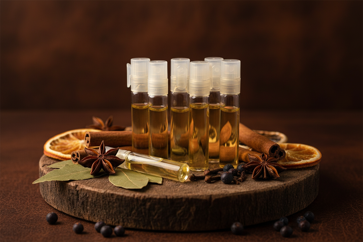 5 small glass perfume sample vials, rustic wood surface, vintage leather texture background, scattered spices and bay leaves, warm amber lighting, shallow depth of field, masculine aesthetic, artisan style