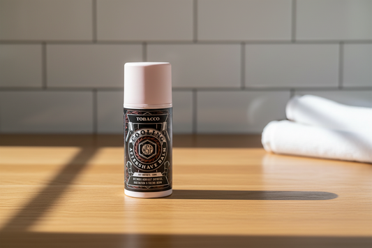 Resting on a clean, warm oak wooden bathroom counter, bright natural morning light streaming from the side, out of focus background of classic white subway tiles and a folded white cotton towel, clean, timeless, masculine grooming atmosphere, photorealistic, sharp focus on the product.