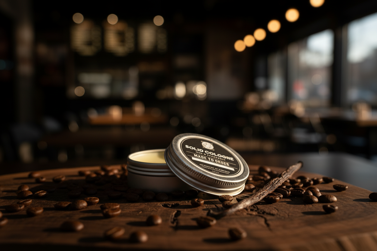 wsp solid cologne Resting on a dark textured walnut wood surface, surrounded by scattered whole roasted coffee beans and a vanilla pod, soft warm ambient lighting casting deep shadows, blurred background of a cozy dimly lit cafe interior, rich chocolate and amber tones, macro photography, high contrast, photorealistic.