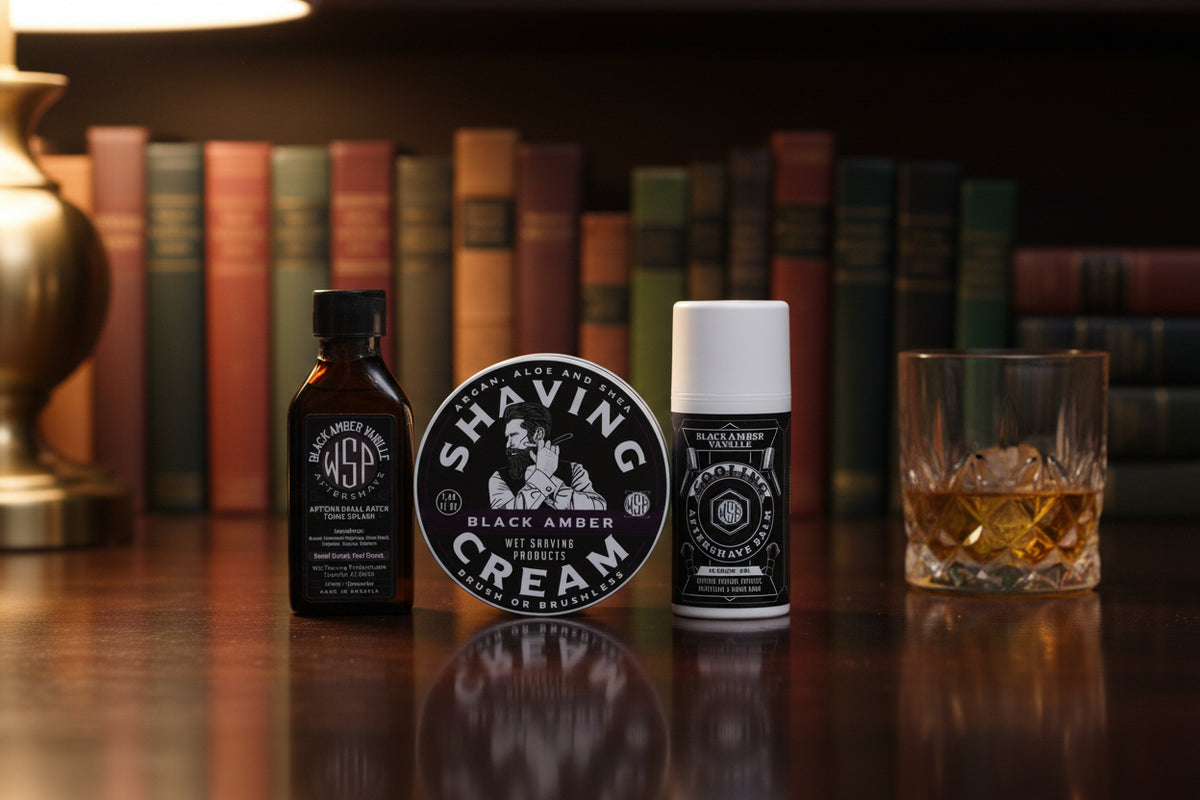 WSP Black Amber Shaving Cream Cream + Splash + Balm - The Complete Shave Trio