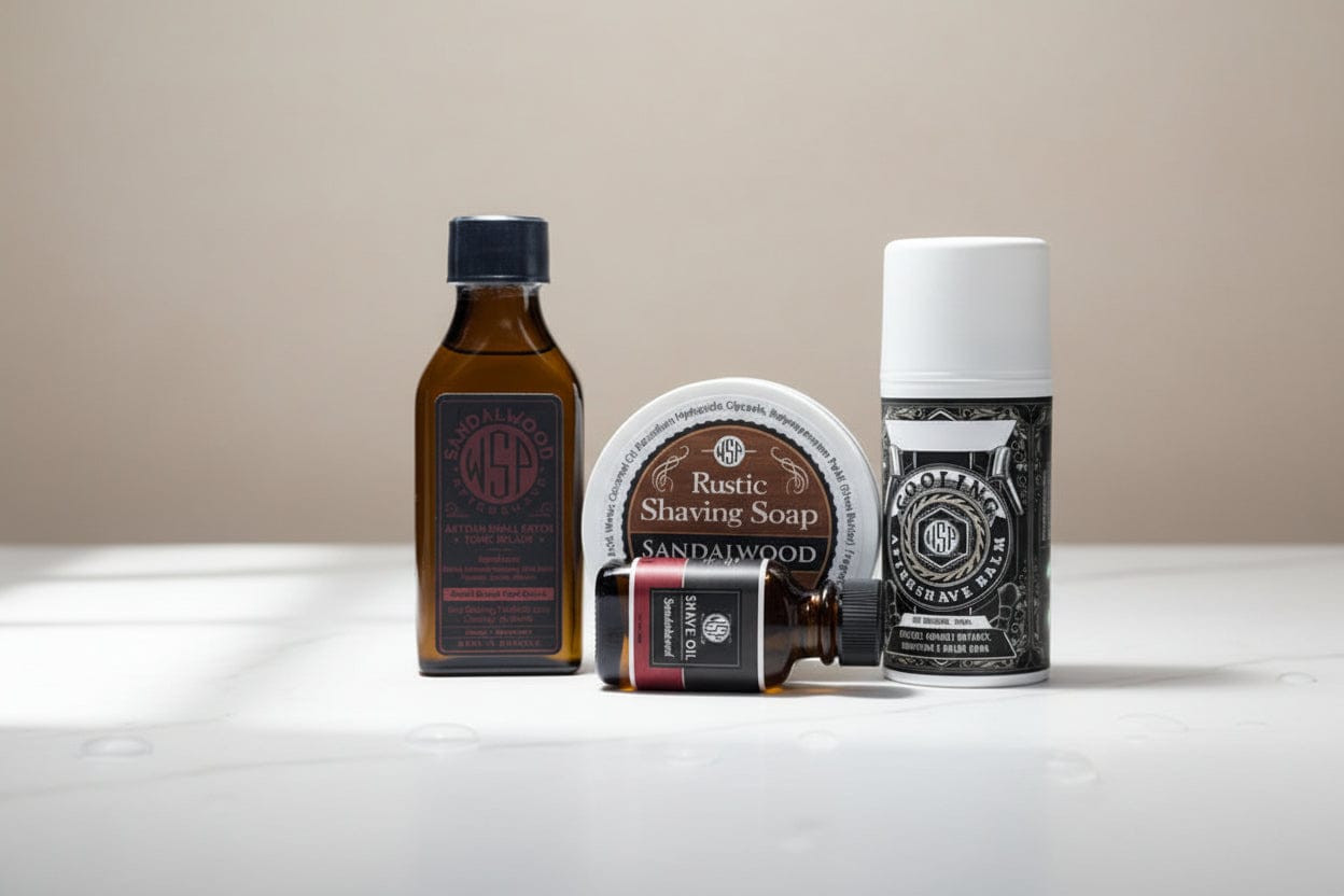 WSP Sandalwood Rustic Shaving Soap – Vegan, Natural & Ultra-Slick Lather The Full Loadout (Soap + Splash + Balm + Oil)