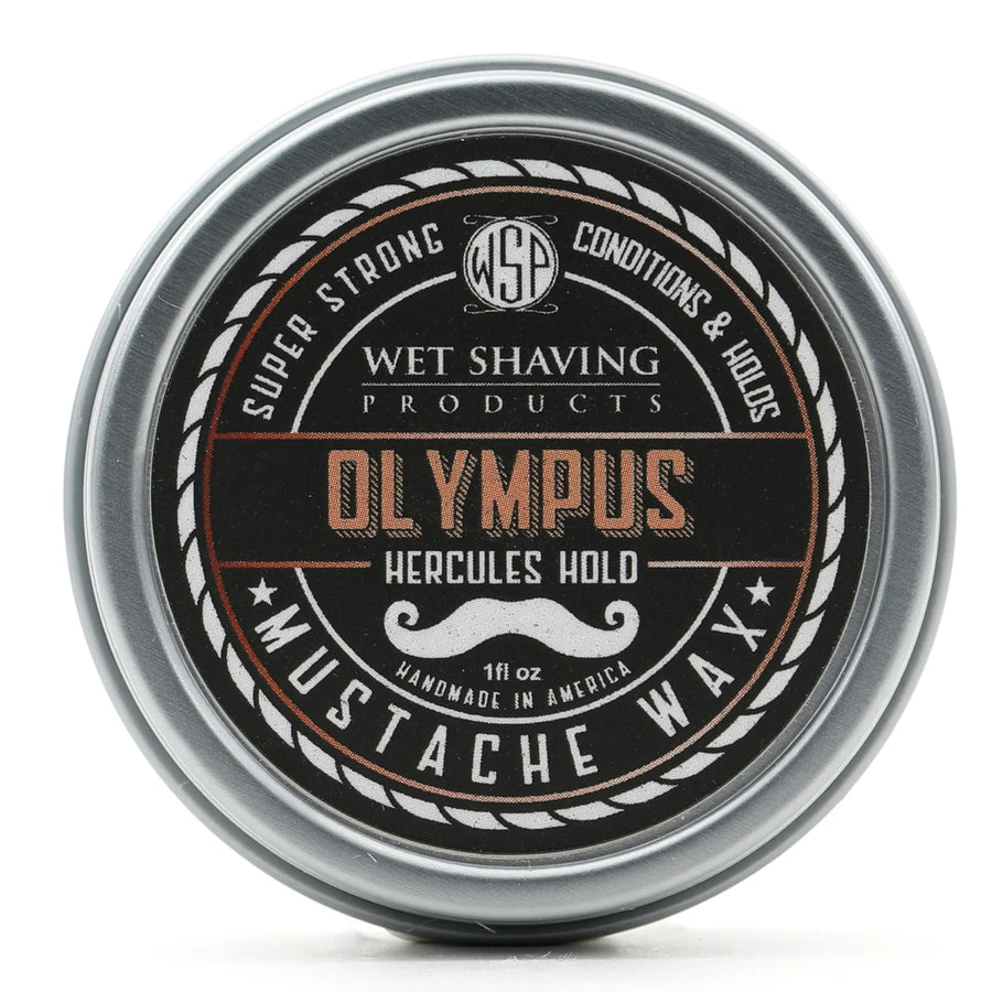 Front view of Hercules Hold Mustache Wax tin with 'Olympus' fragrance label.