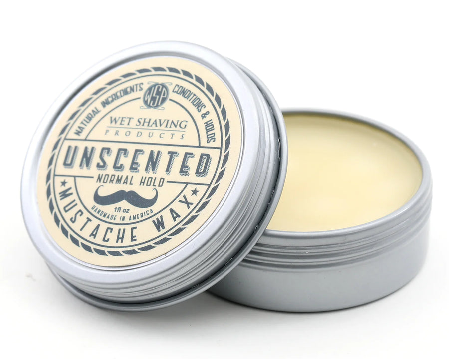 Open Normal Hold Mustache Wax tin in 'Unscented' variant, lid leaning against the base.