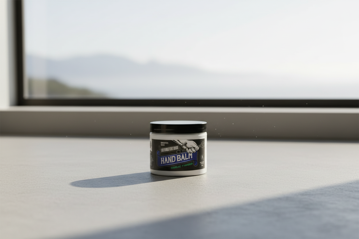 WSP hand balm centered on a smooth matte light grey concrete surface, bright natural daylight streaming in from a large window to the side, out of focus background of a blurred expansive natural horizon line suggesting distant mountains or a coastline under a clear sky, airy atmosphere, clean minimalist composition, photorealistic render, 8k resolution.