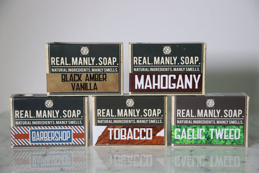 Wet shaving products, mahogany, black amber vanilla, babershop, tobacco, gaelic tweed, fragrance, hand & body soap bar, handmade, small batch, high-quality, natural ingredients 