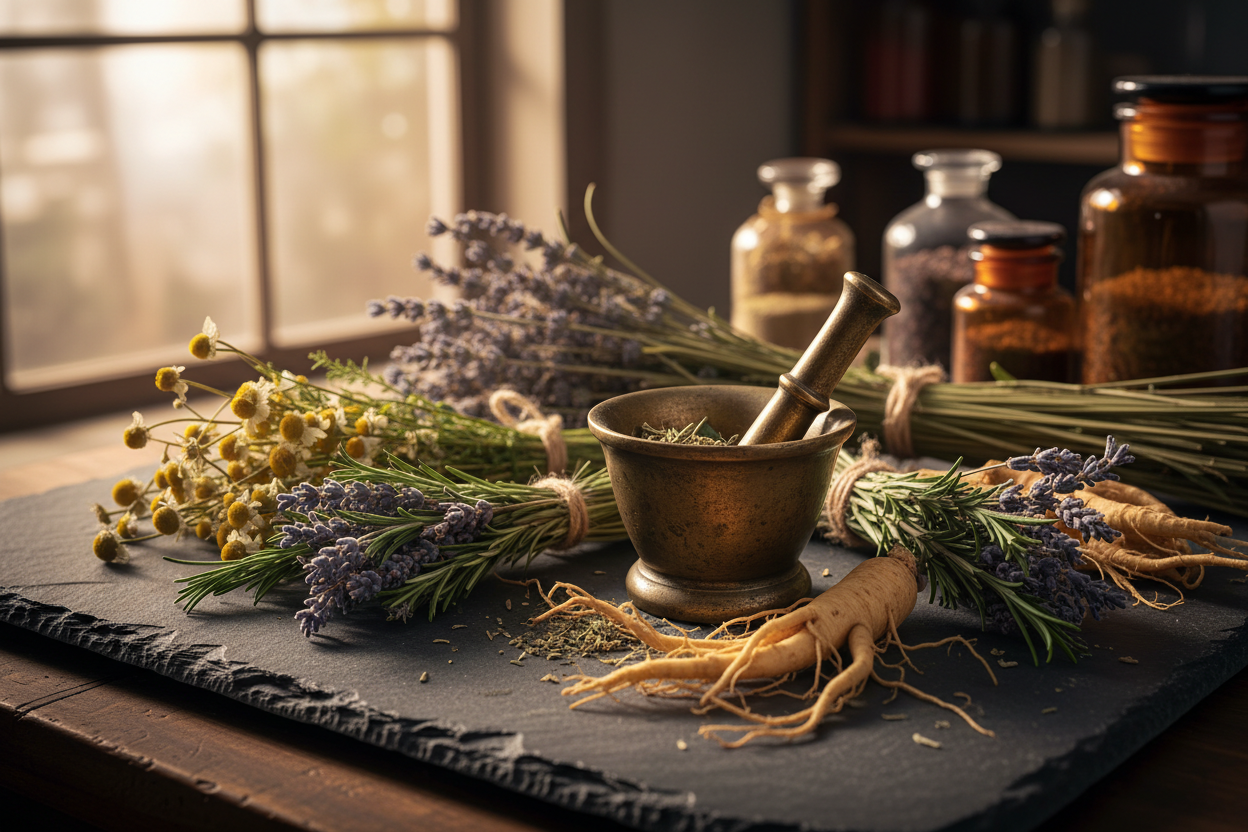 Vintage mortar and pestle with dried herbs and amber glass jars on slate, representing natural essential oil ingredients for men's grooming.