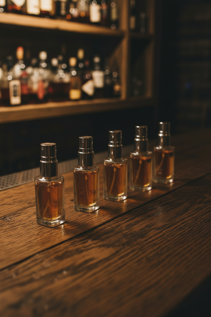 A flat lay photography composition of men's grooming samples on a textured dark wood surface. Includes small glass perfume sample vials, small round metal travel tins, and a leather travel dopp kit in the background.