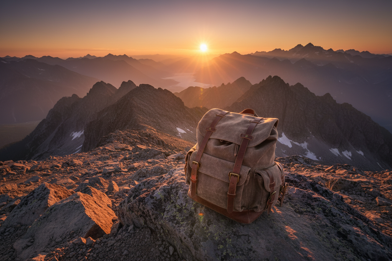 Waxed canvas travel backpack overlooking a mountain sunset, capturing the atmospheric and adventurous spirit of unisex travel fragrances.