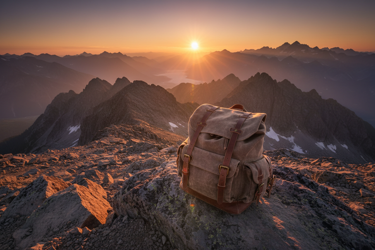 Waxed canvas travel backpack overlooking a mountain sunset, capturing the atmospheric and adventurous spirit of unisex travel fragrances.