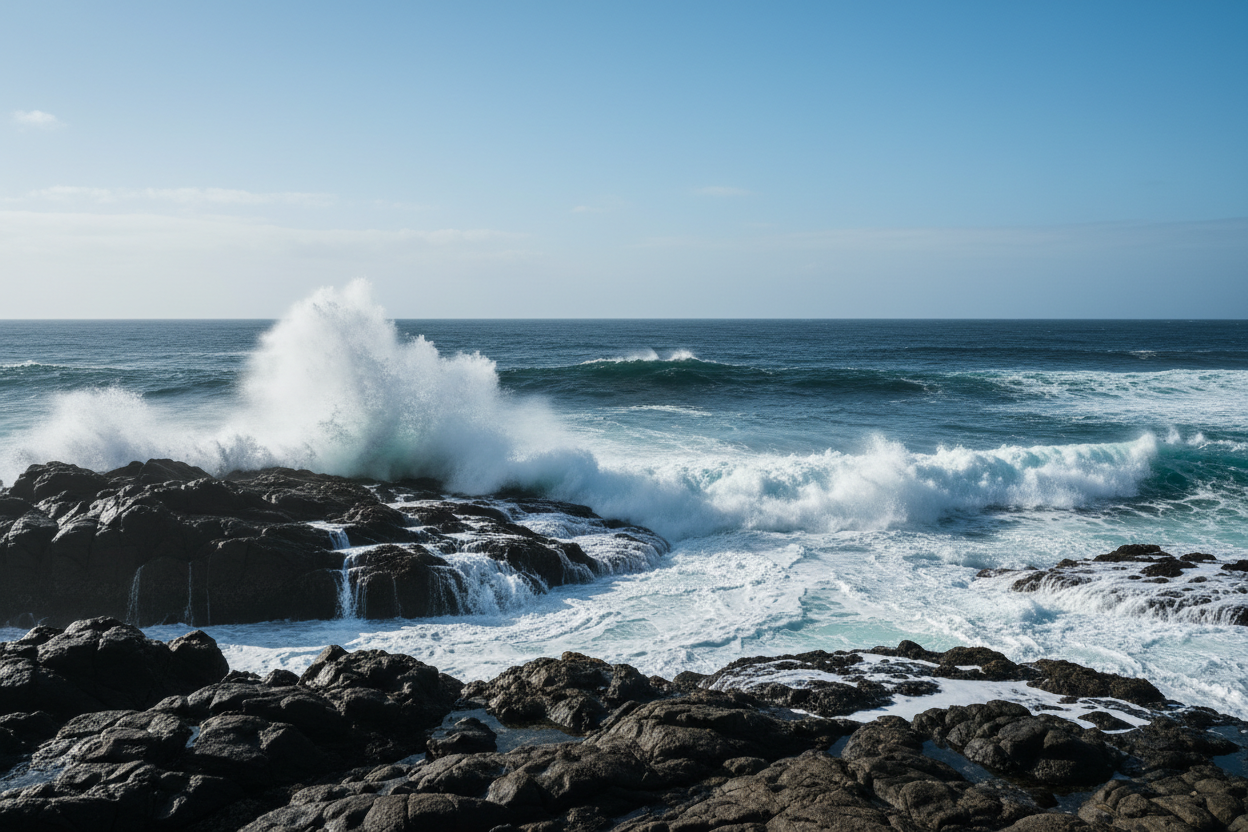 Rugged ocean coastline with crashing blue waves and sea spray, symbolizing refreshing aquatic and citrus colognes for men.