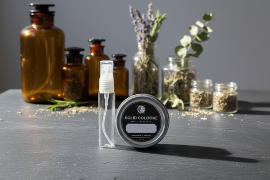 Solid cologne container and spray bottle with botanicals on a gray surface