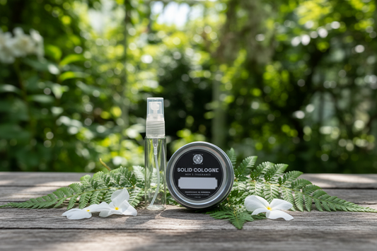 Solid cologne container and spray bottle on a wooden surface with greenery in the background