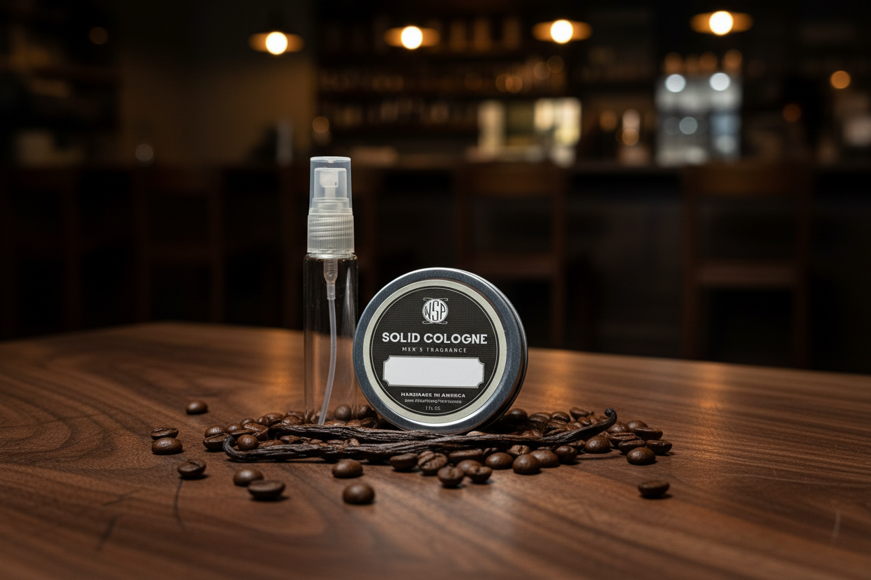 Solid cologne container and spray on a wooden surface with coffee beans