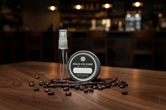 Solid cologne container and spray on a wooden surface with coffee beans