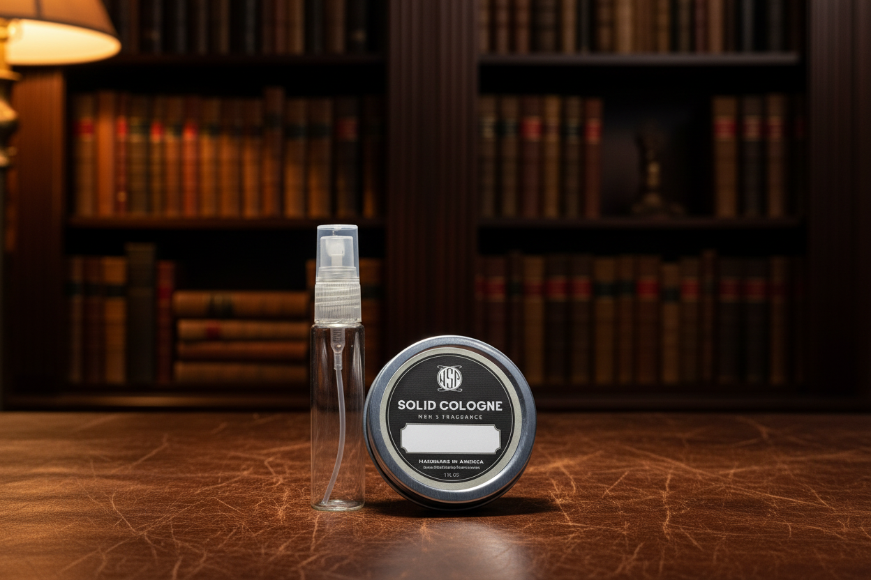 Scented products on a leather surface with a bookshelf background