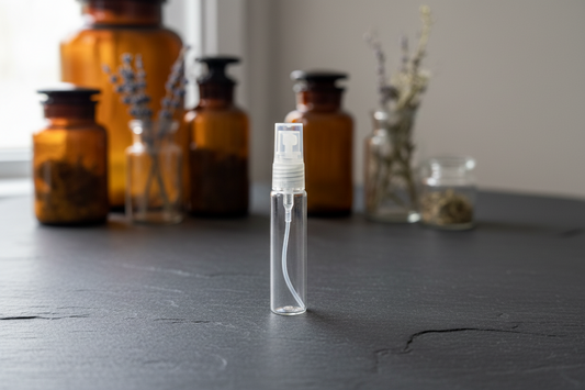 Clear spray bottle on a dark surface with brown bottles and herbs in the background