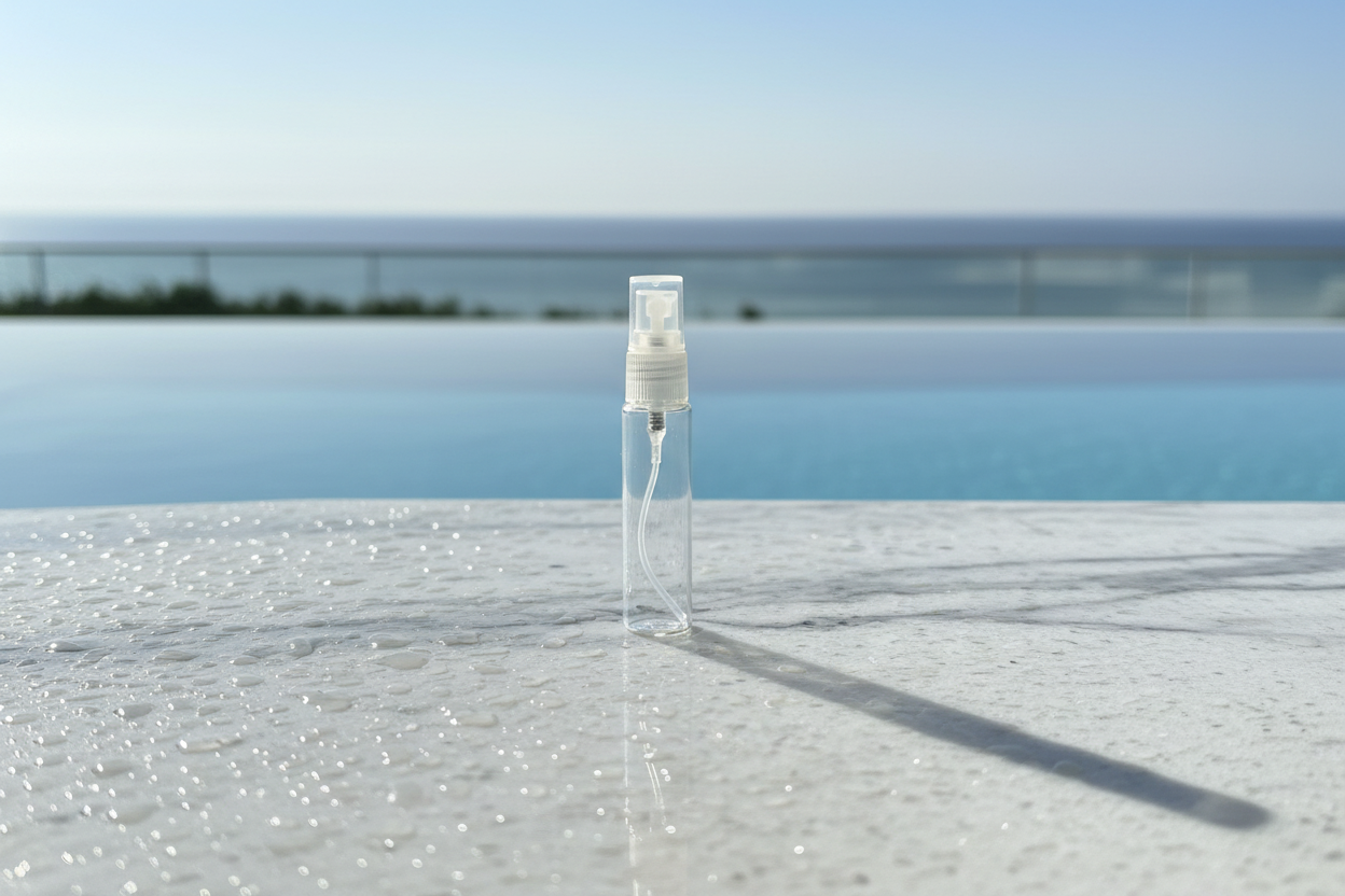 Clear spray bottle on a reflective surface with a blurred outdoor background