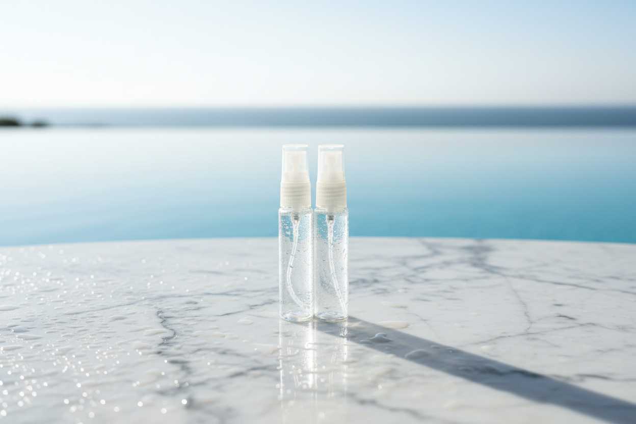 Three clear bottles with white caps on a marble surface with a blue sky background