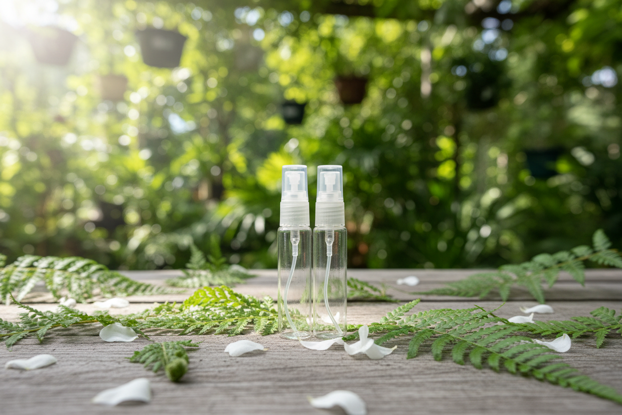 Two clear spray bottles on a wooden surface with greenery in the background