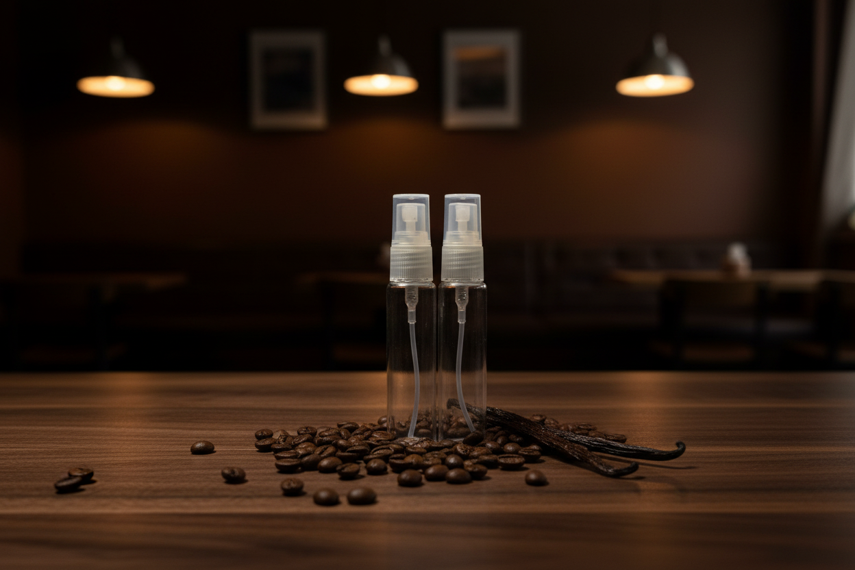 Two clear spray bottles on a wooden surface with coffee beans and a vanilla bean.
