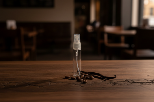 Clear glass bottle with a white cap on a wooden surface with coffee beans and vanilla pods.