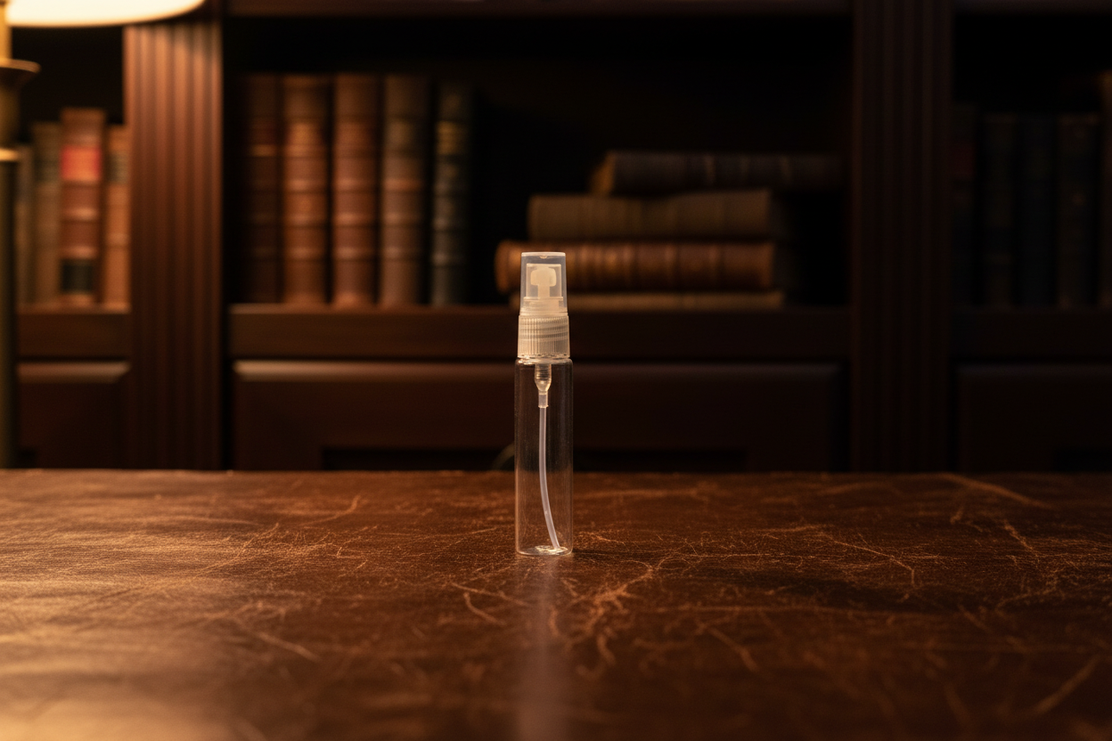 Clear spray bottle on a wooden surface with a blurred bookshelf background