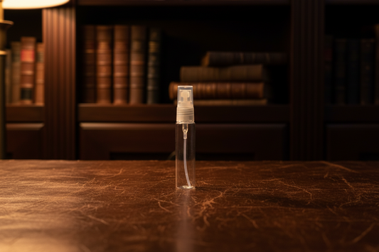 Clear spray bottle on a wooden surface with a blurred bookshelf background