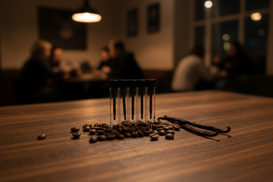 Glass vials with coffee beans and vanilla pods on a wooden table in a dimly lit room.
