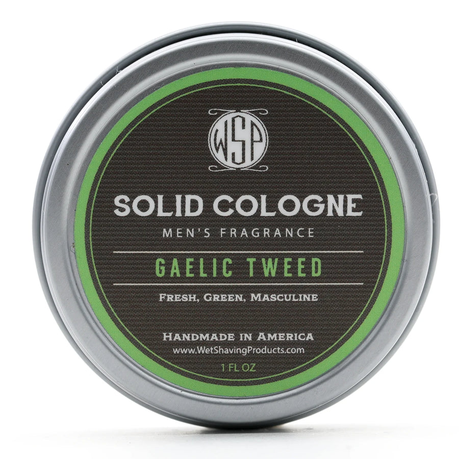 Front view of WSP's Gaelic Tweed Solid Cologne in a 1 oz tin.
