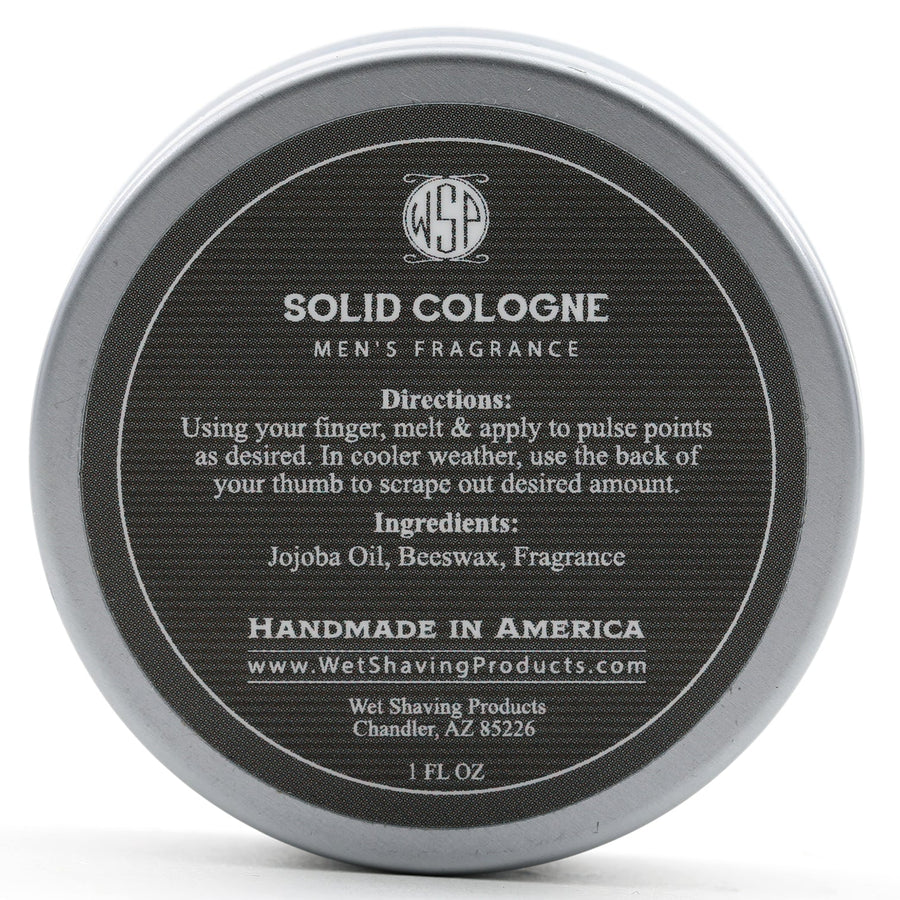 Back sticker of WSP Solid Cologne tin displaying directions for use and ingredients list.