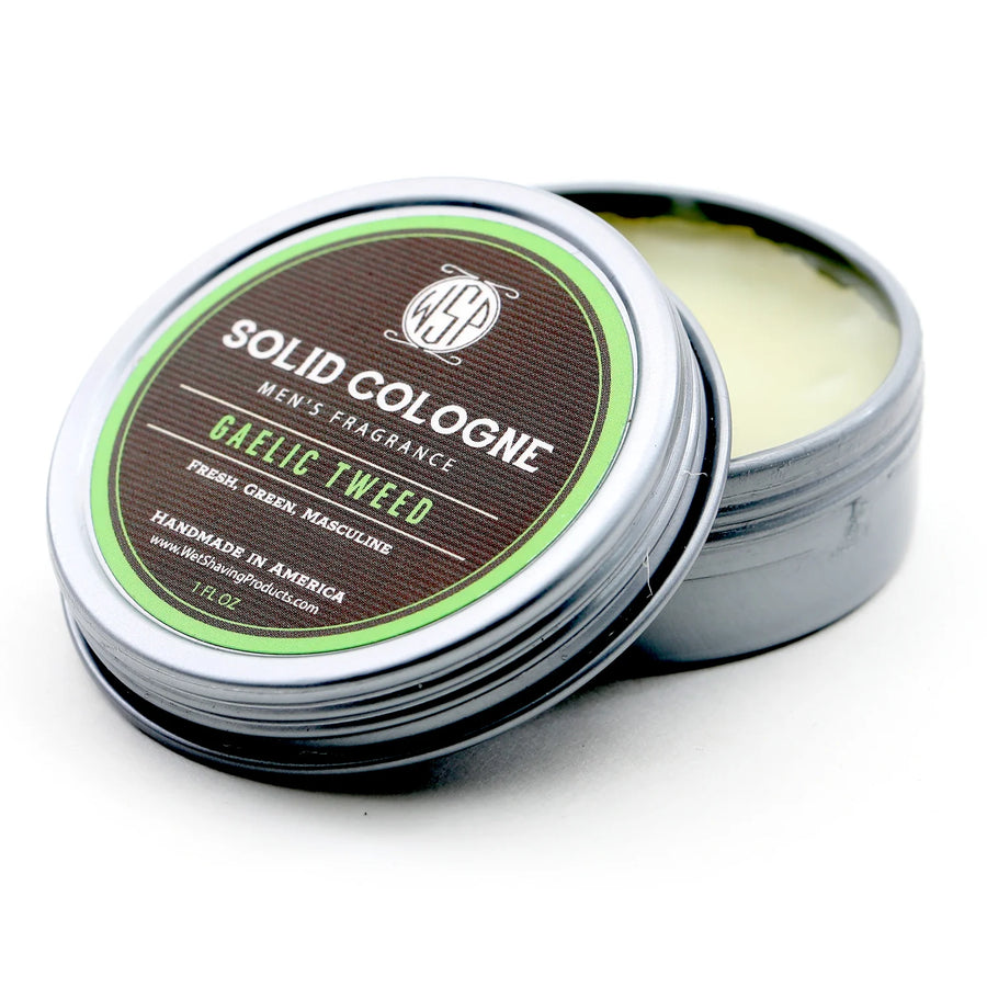 Front view of WSP's Gaelic Tweed Solid Cologne in a 1 oz tin.