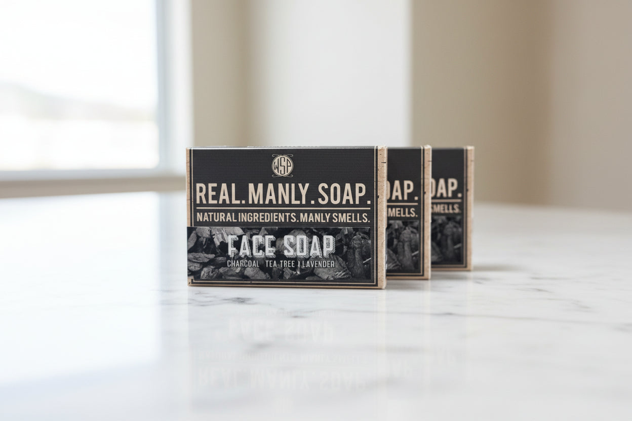 3 bars of Real Manly Soap on a marble surface with a neutral background