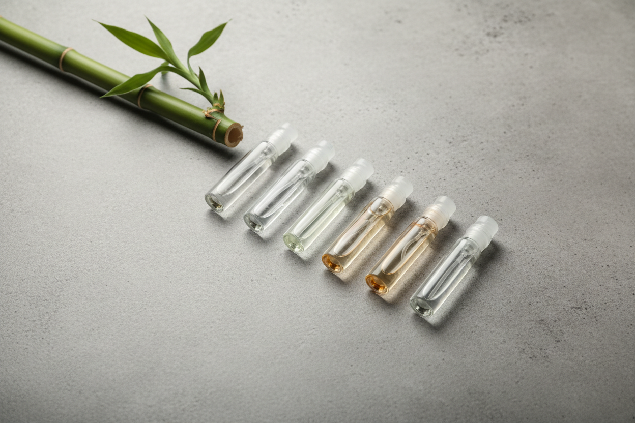 5 small glass perfume sample vials, grey concrete surface, minimalist composition, soft diffused lighting, bamboo stalk prop, modern art style, sleek, neutral tones, editorial photography. use actual product photos of the vials