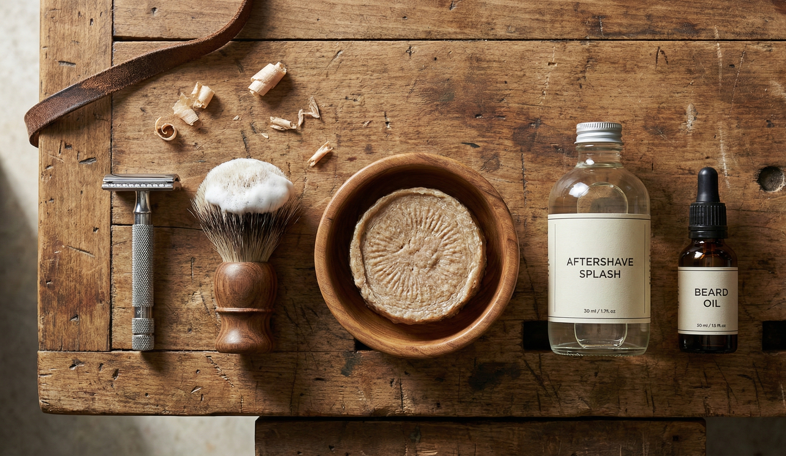 A high-angle "flat lay" photograph of a curated men's grooming loadout on a dark, distressed oak workbench. The composition includes a tin of shaving soap, a bottle of beard oil, and a glass cologne bottle arranged neatly. Hard directional lighting casts long, dramatic shadows. The textures are rich: glass, metal, and wood. In the corner, a leather strop or grooming tool adds context. The mood is premium, masculine, and artisanal. 8k resolution, commercial product photography style. --ar 21:9