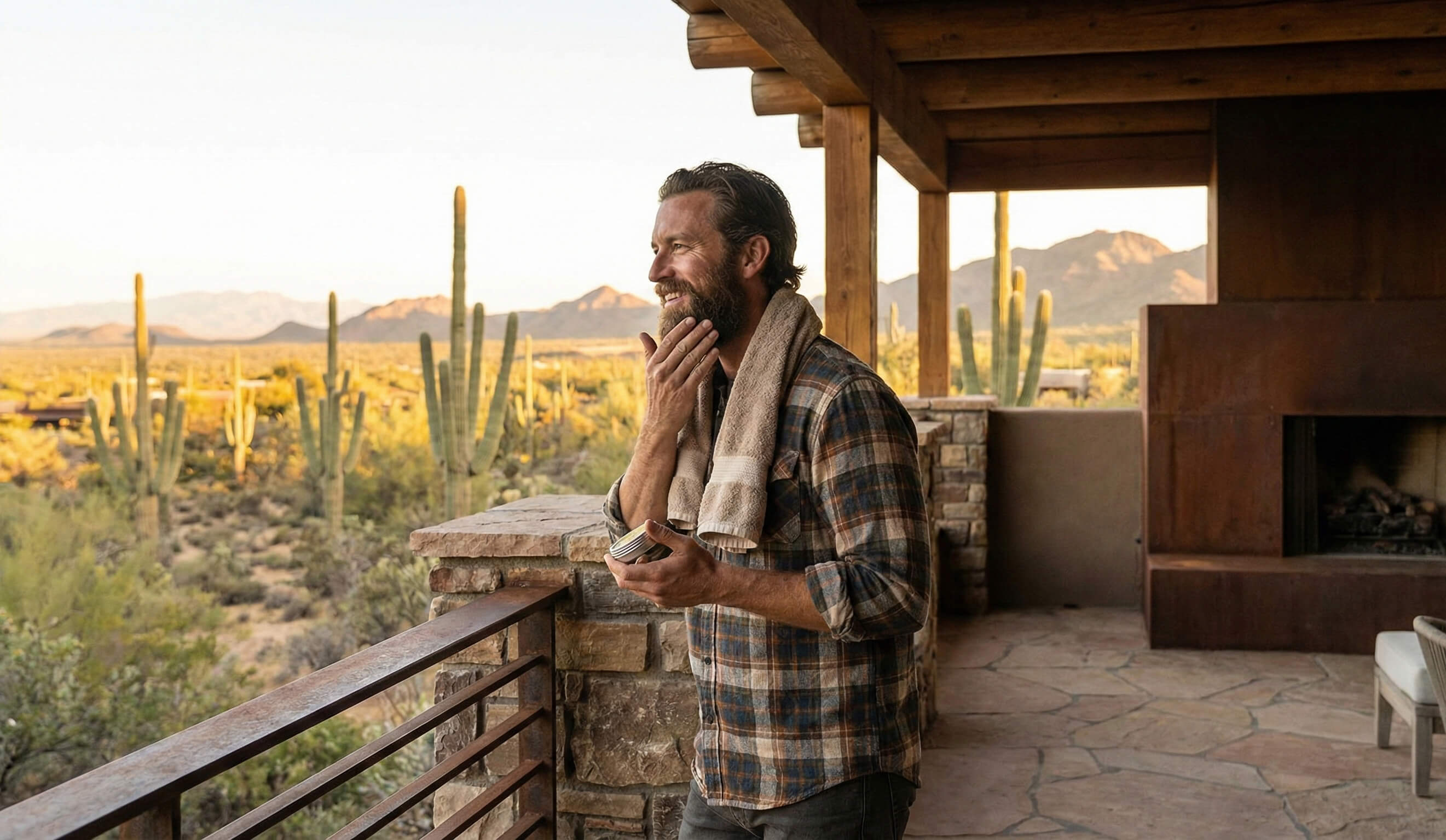 Man standing on a wooden deck with a desert landscape and cacti in the background
