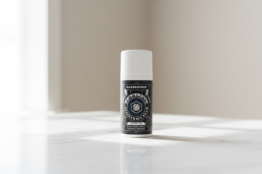 Barbershop aftershave bottle on a Sitting on a clean, polished white Carrara marble surface with faint grey veining, bright clean morning light from the left, out of focus pale neutral background, premium spa atmosphere, sharp focus on the product.
