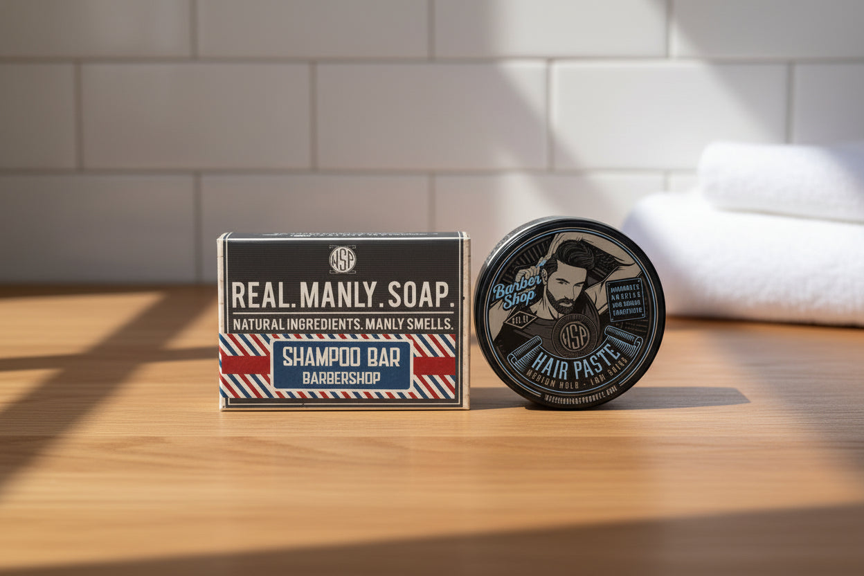 Real Manly Soap shampoo bar and hair paste container on a white background