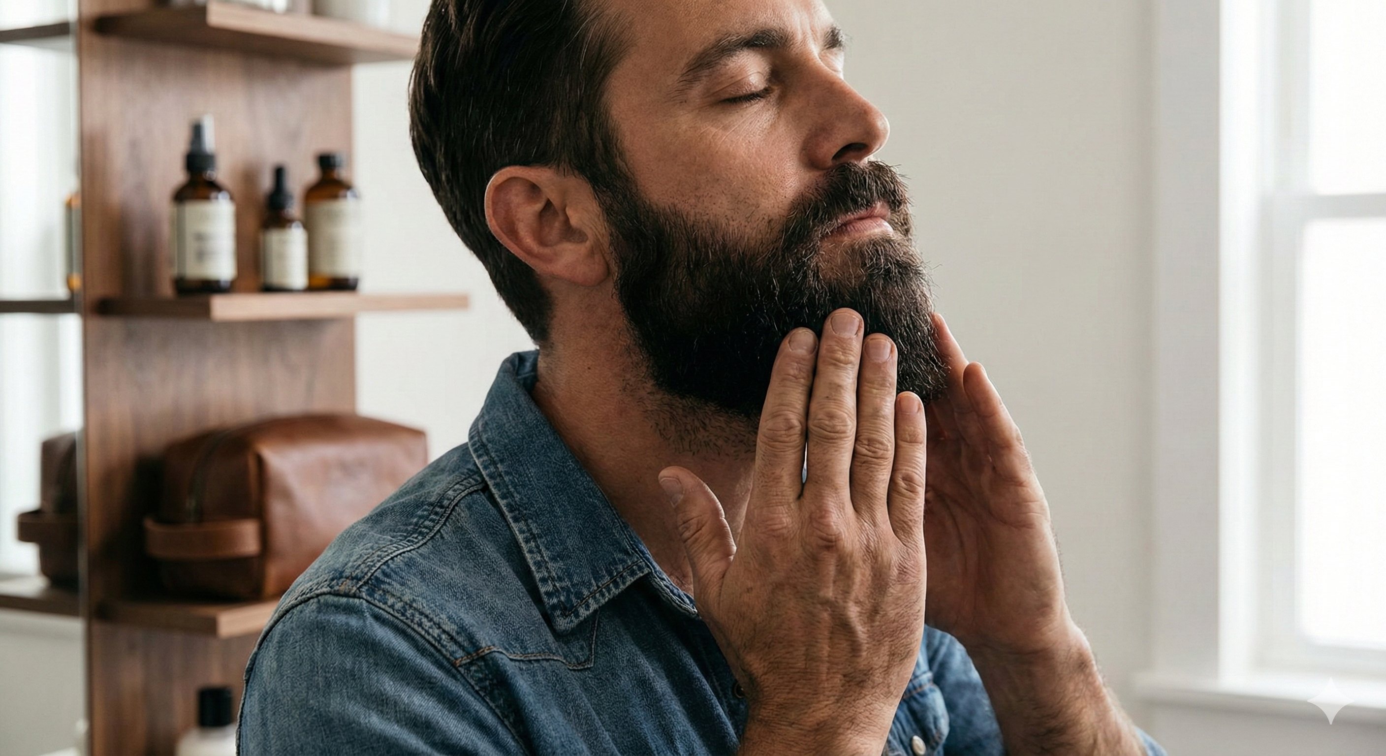 Man with a beard touching his face in a room with shelves and a window.