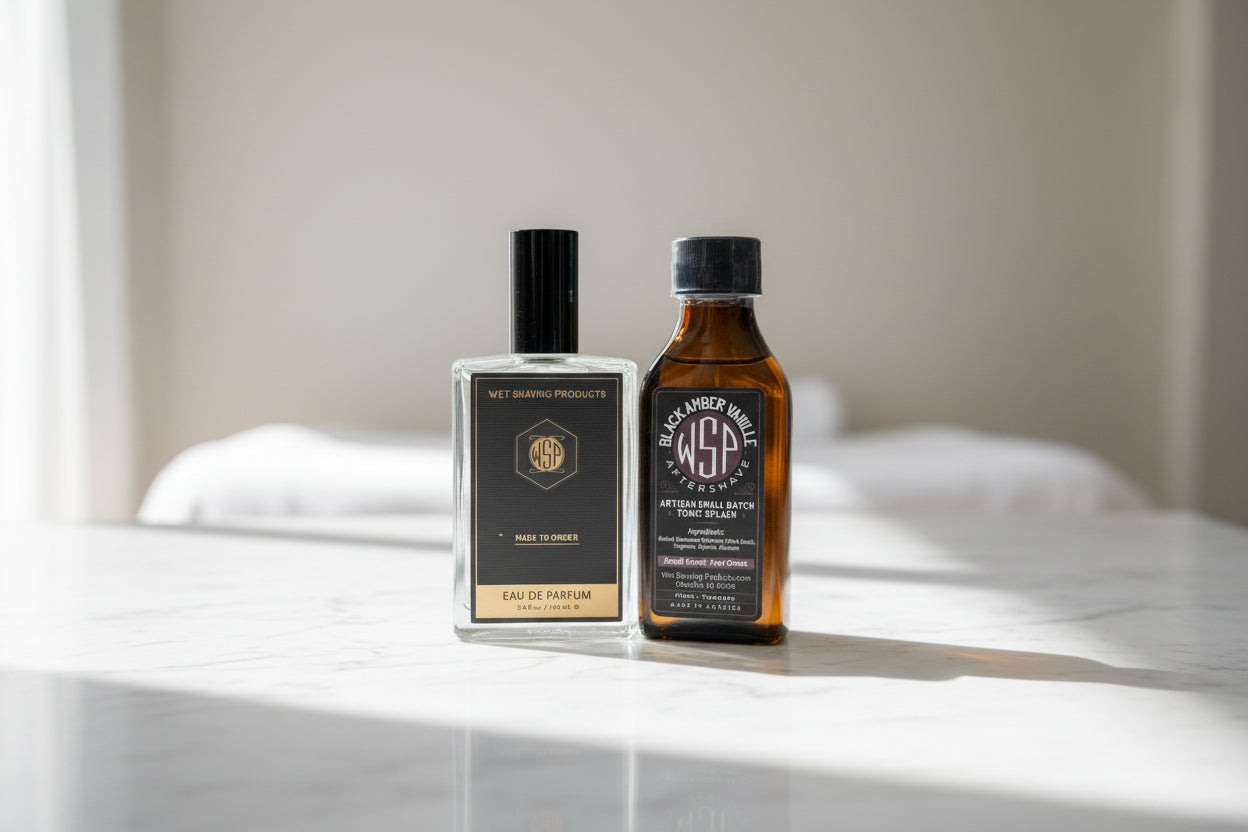 Two bottles of WSP (Wet Shaving Products) on a countertop