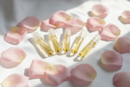 5 small glass perfume sample vials, white silk cloth background, fresh pink rose petals scattered, soft morning light, dreamy atmosphere, elegant, feminine, pastel tones, macro photography