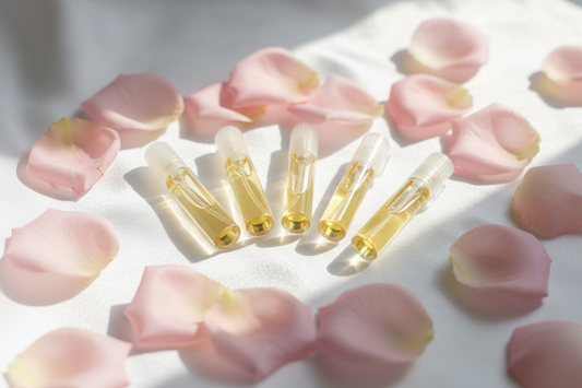 5 small glass perfume sample vials, white silk cloth background, fresh pink rose petals scattered, soft morning light, dreamy atmosphere, elegant, feminine, pastel tones, macro photography