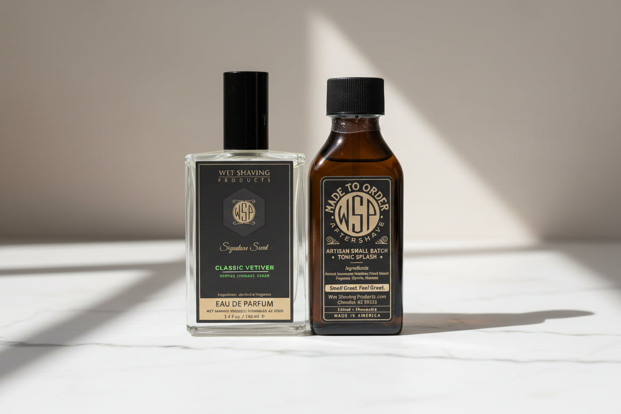 Two bottles of Wet Shaving Products on a white background