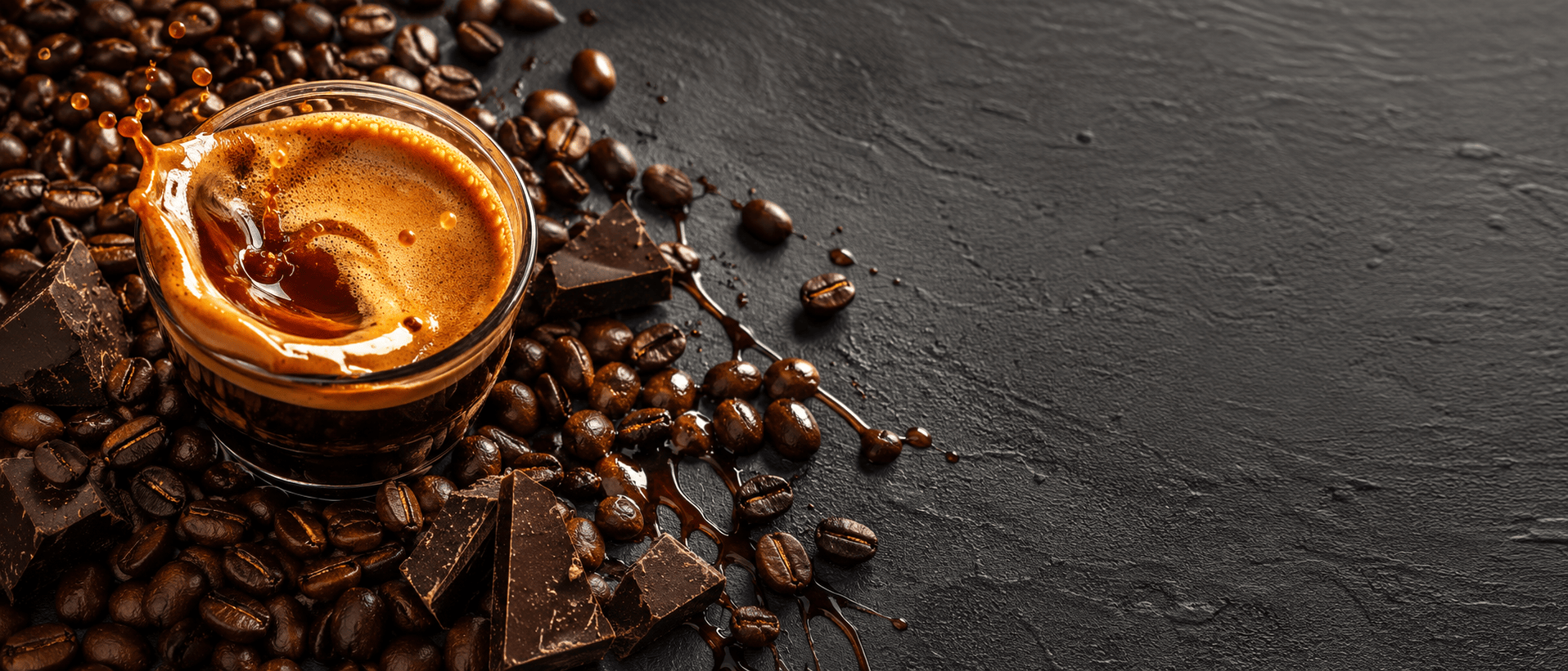 Photo of thick, golden espresso crema and dark roasted coffee beans scattered across a matte black slate surface. A few shards of raw dark chocolate and a hint of dark caramel drizzle