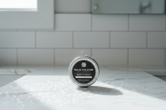 Sitting on a wet white Carrara marble countertop covered in fresh water droplets, bright cool daylight from a window, out of focus white subway tile bathroom background with a hint of a mirror reflection, clean, refreshing atmosphere, sharp focus, high resolution render.