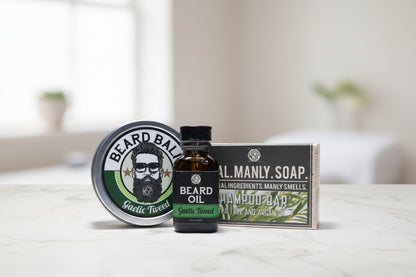 gaelic tweed beard oil, beard balm, and shampoo bar set on marble countertop