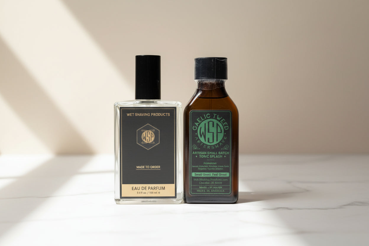 Two bottles of 'Gaelic Tweed' aftershave splash and edp cologne products on a light surface with a neutral background