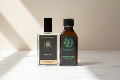 Two bottles of 'Gaelic Tweed' aftershave splash and edp cologne products on a light surface with a neutral background