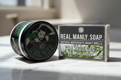 Hair paste jar and soap bar packaging on a white background